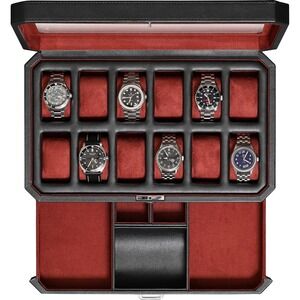 Rothwell Watch Box 12 Slot Black Red Leather Organizer with Drawer & Liner